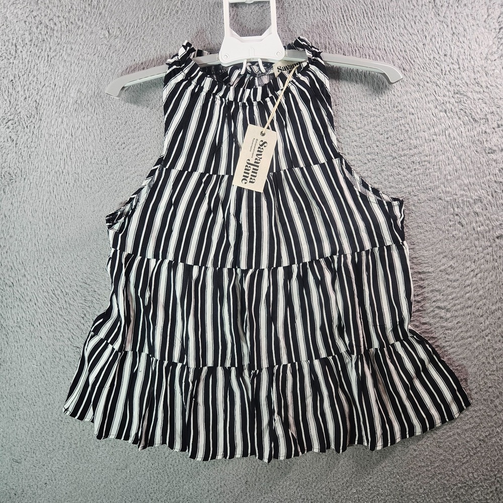 NEW Savanna Jane Sleeveless Tank Top Women Medium Tie Back White Black Striped